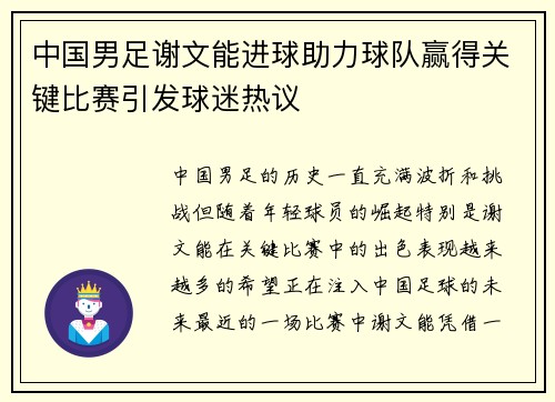 中国男足谢文能进球助力球队赢得关键比赛引发球迷热议